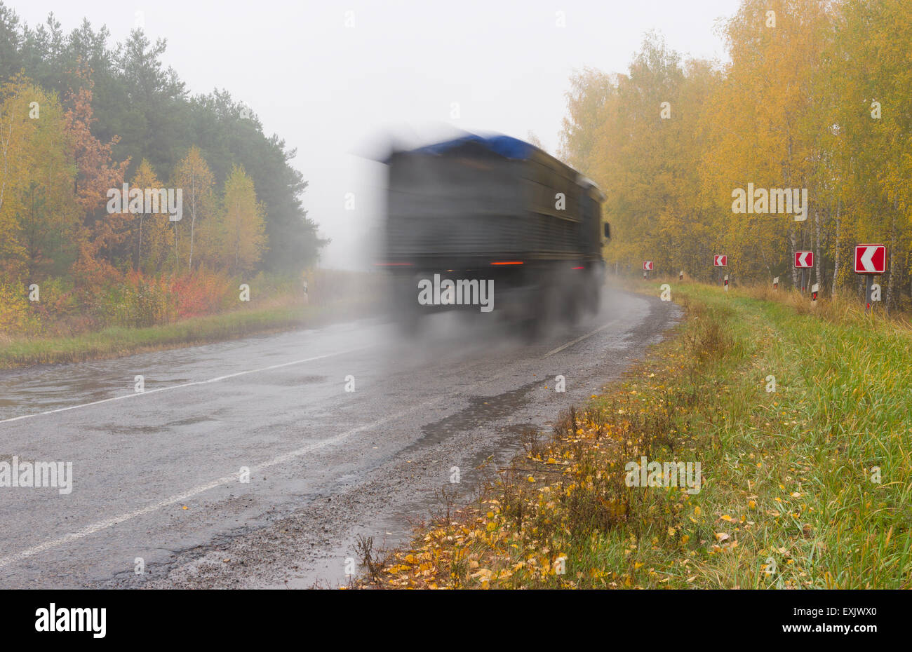 Paysage d'automne avec la route, de la pluie et de la brume Banque D'Images