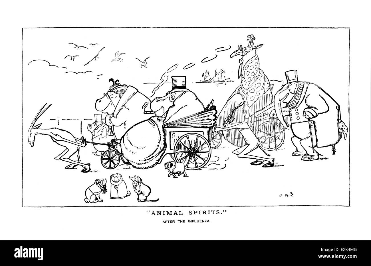 Victorienne de 1895 illustration amusante par J un berger, "les esprits animaux" Suite d'une grippe Banque D'Images