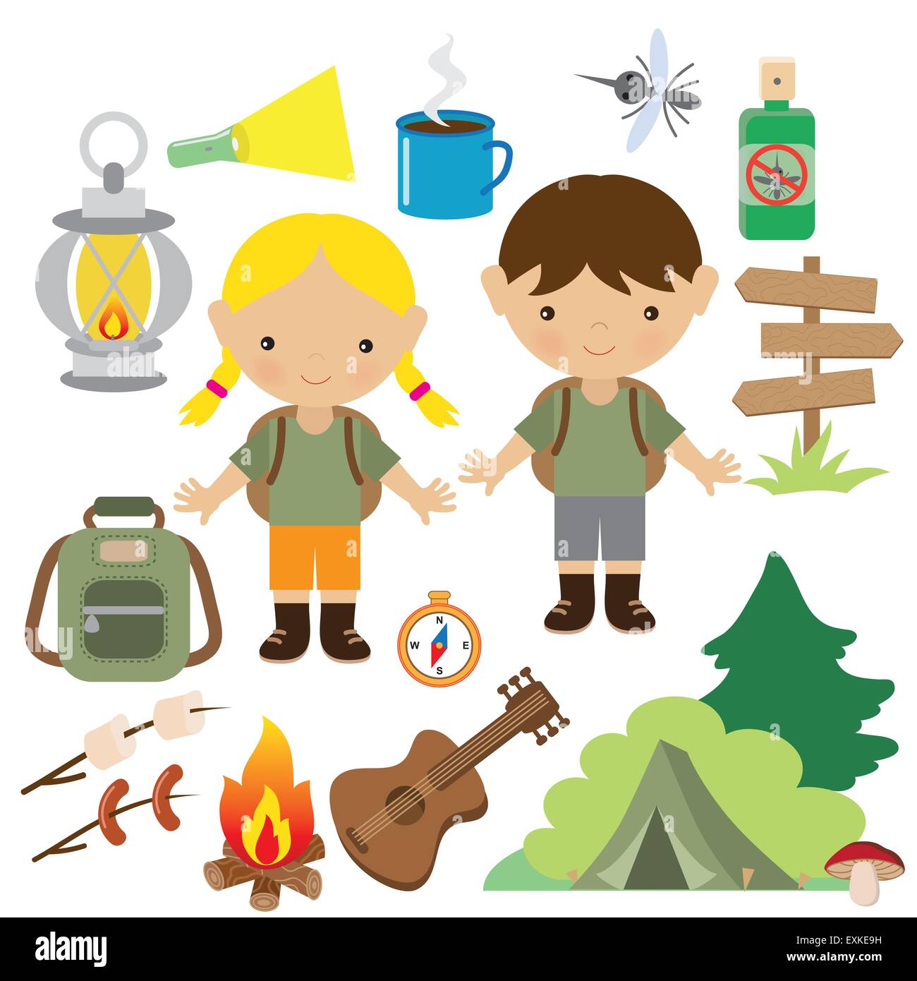 Feu de camp,camping,tente,lampe de poche, boussole, moustiques, garçon,fille,enfants Illustration de Vecteur