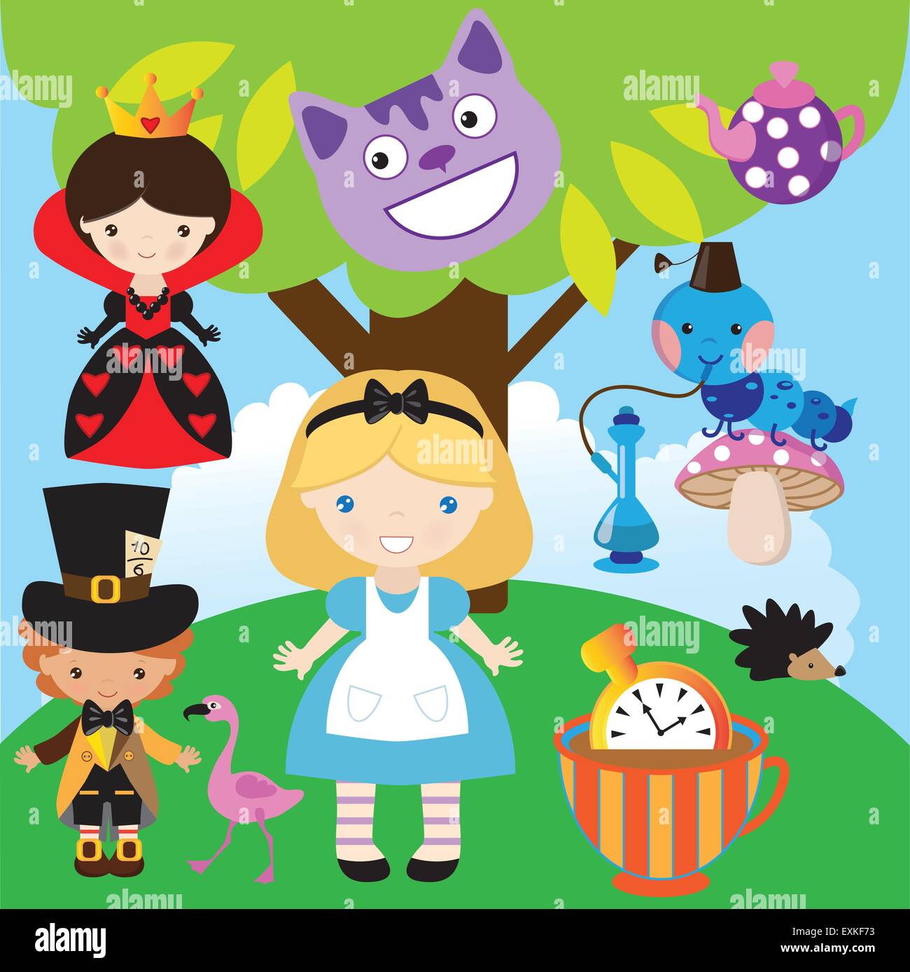 Dessin Alice Au Pays Des Merveilles Kawaii Alice au pays des merveilles La reine de Cœur de lapin blanc caterpillar flamingo chat de Cheshire girl blonde cute funny cartoon vector Image Vectorielle Stock - Alamy