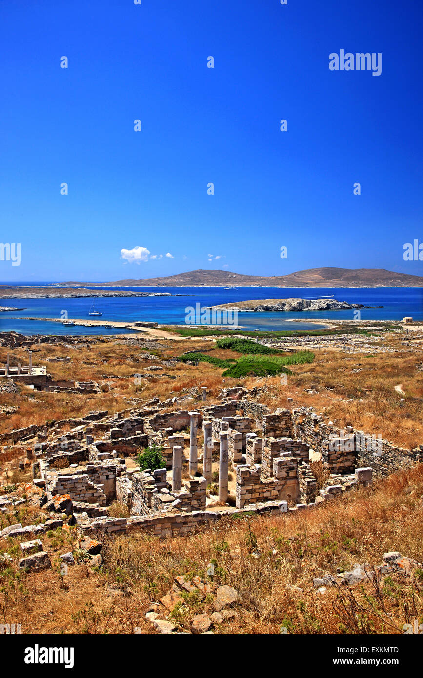 Sur le site archéologique de "sacré" de l'île de Délos. Dans l'arrière-plan, Rineia island. Cyclades, Grèce. Banque D'Images