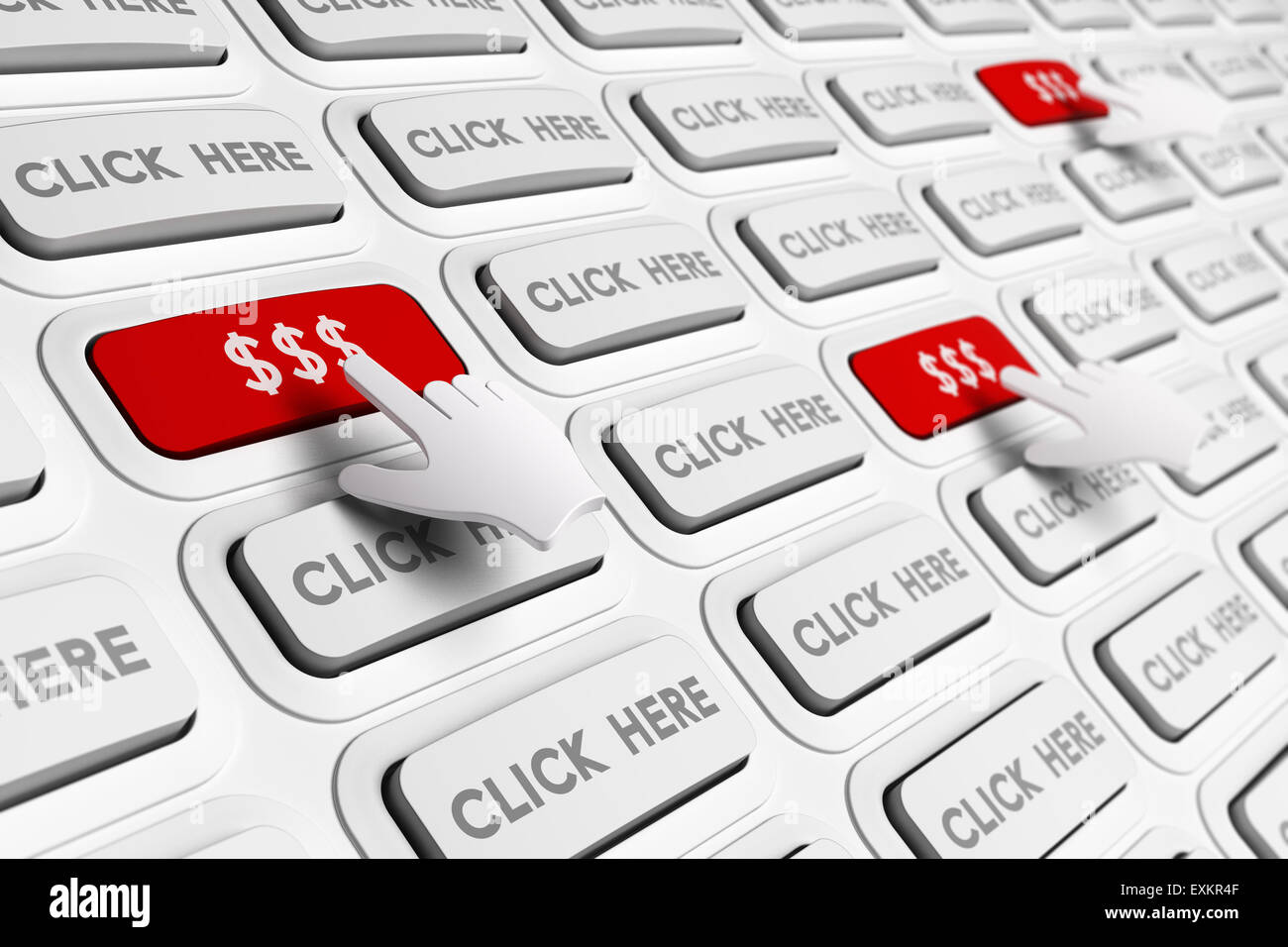 Coût, ppc ou payer par clic concept illustration. De nombreux boutons blancs avec le texte Cliquez ici plus d'appuyer sur la 3d avec les rouges Banque D'Images