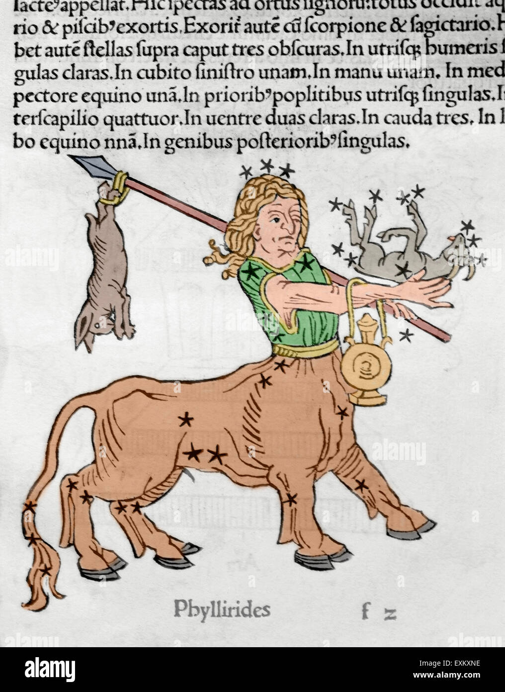 Constellation du Centaure. Phyllirides Centaur. La gravure à Poeticon Astronomicon, par Gaius Julius Hyginus (ca.64 avant J.-C.-17 APR. Édité à Venise, 1485. Des incunables. De couleur. Banque D'Images