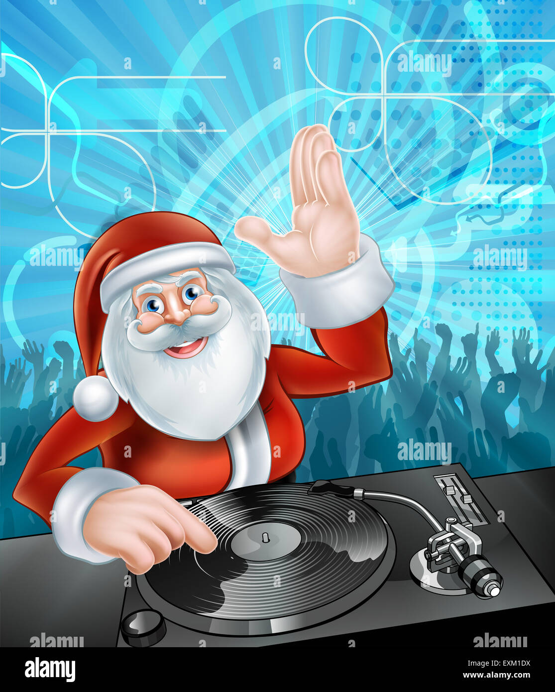 Santa Claus Noël dessin animé avec DJ à la foule avec des danses de lecture en arrière-plan Banque D'Images