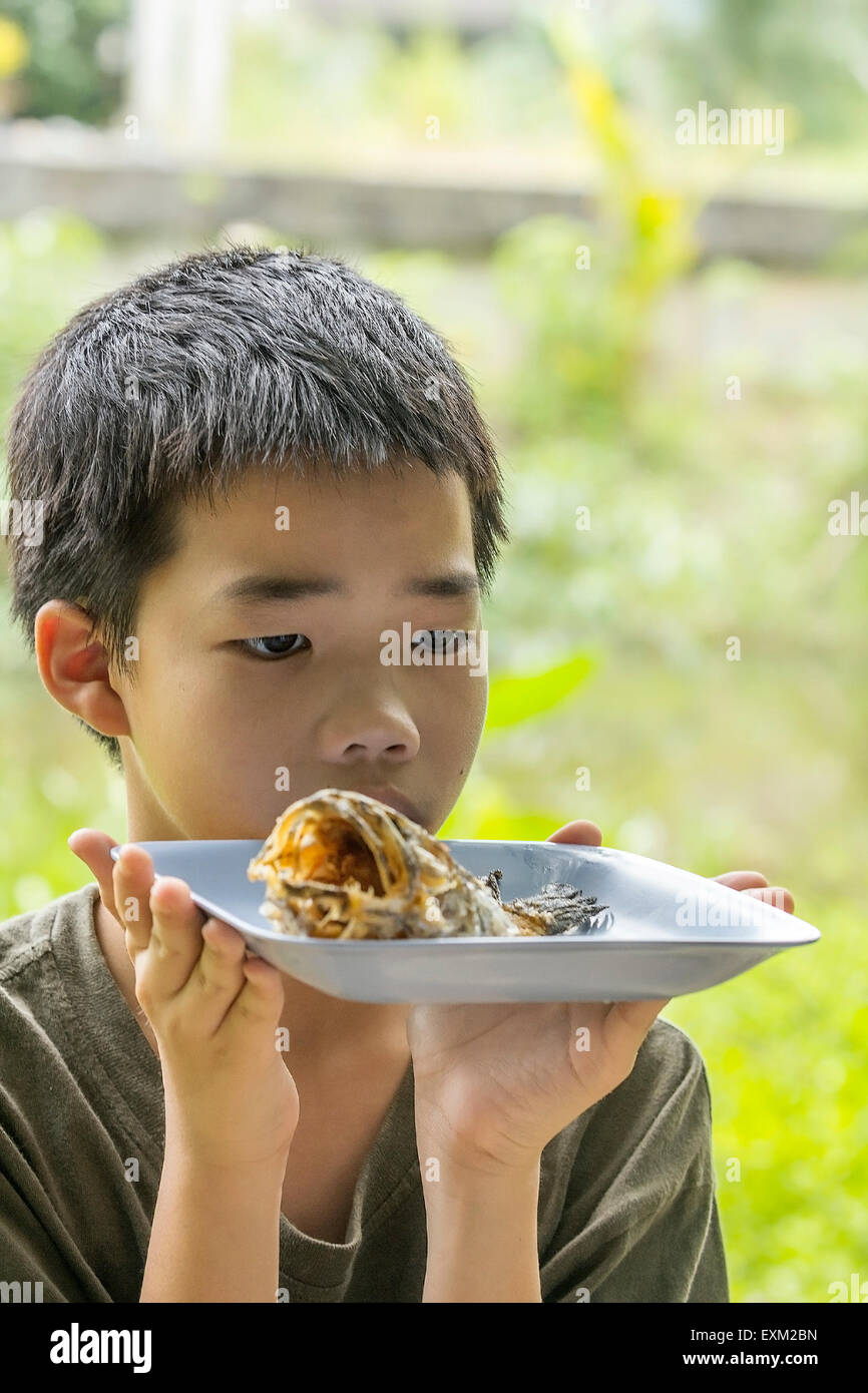 Portrait of Asian Thai pensive boy ressemble à l'os de poisson à tête de serpent, poisson frit mangé sur la plaque clairement Banque D'Images