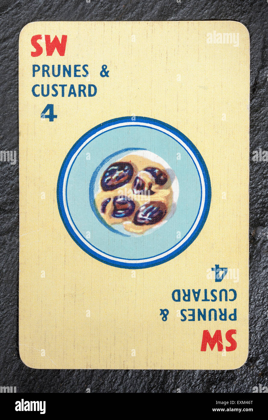 Nourriture Menuette Vintage Playing Card - pruneaux et crème anglaise Banque D'Images