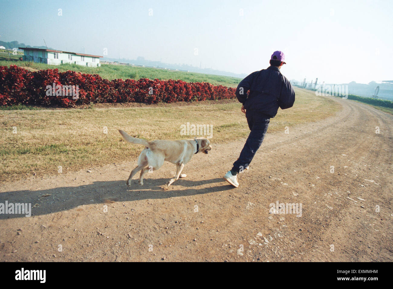 Pesi Shroff est un ancien champion indien jockey, jogging avec chien à mahalaxmi race course Mumbai Inde Banque D'Images