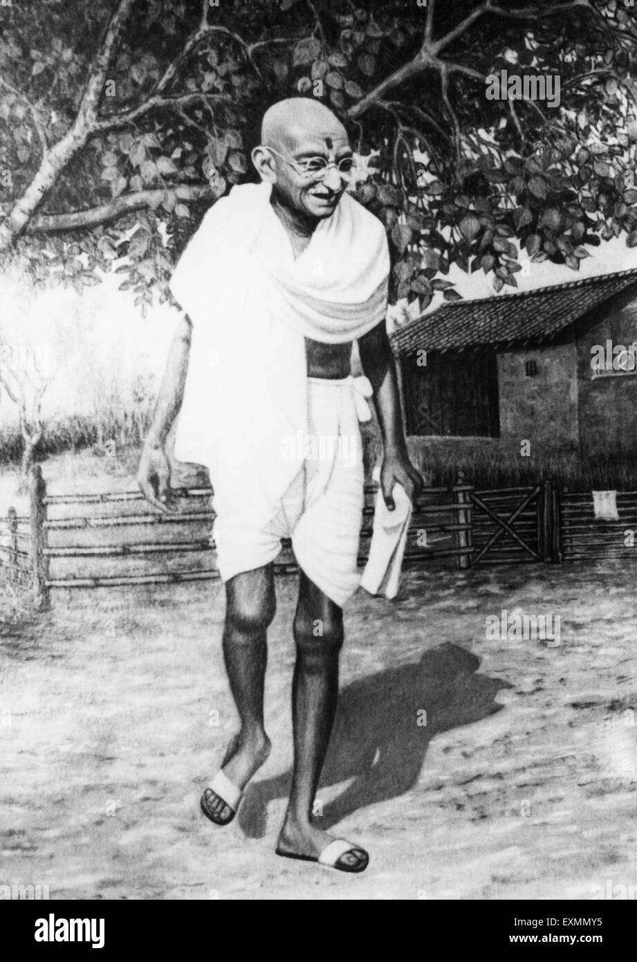 Peinture le Mahatma Gandhi Ashram Sevagram marche Inde 1945 Banque D'Images