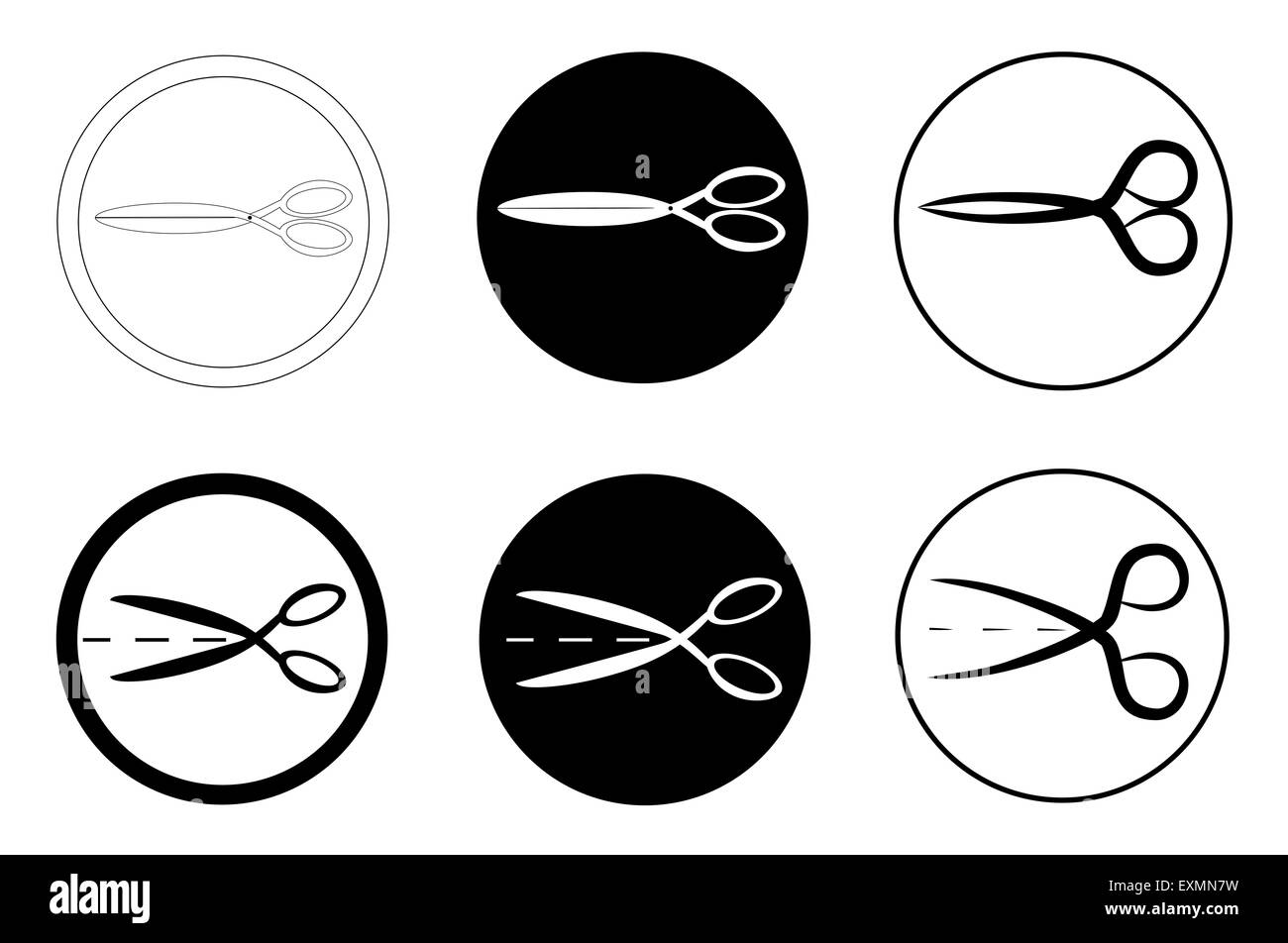 Ensemble de ciseaux noir et blanc isolé dans cadre rond Banque D'Images