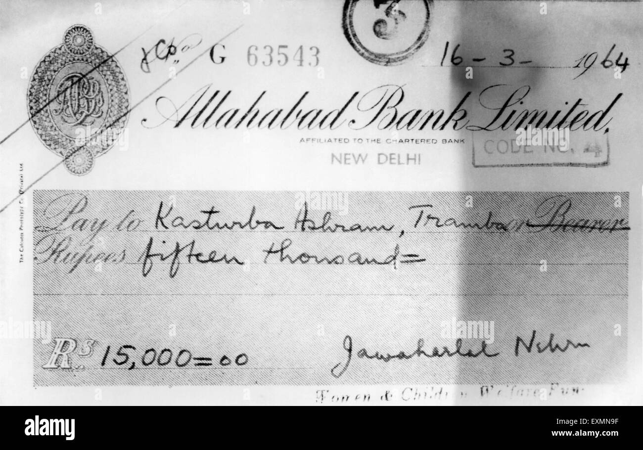 Vérifier par Jawaharlal Nehru à Kasturba Ashram pour quinze mille roupies Rajkot Inde Banque D'Images