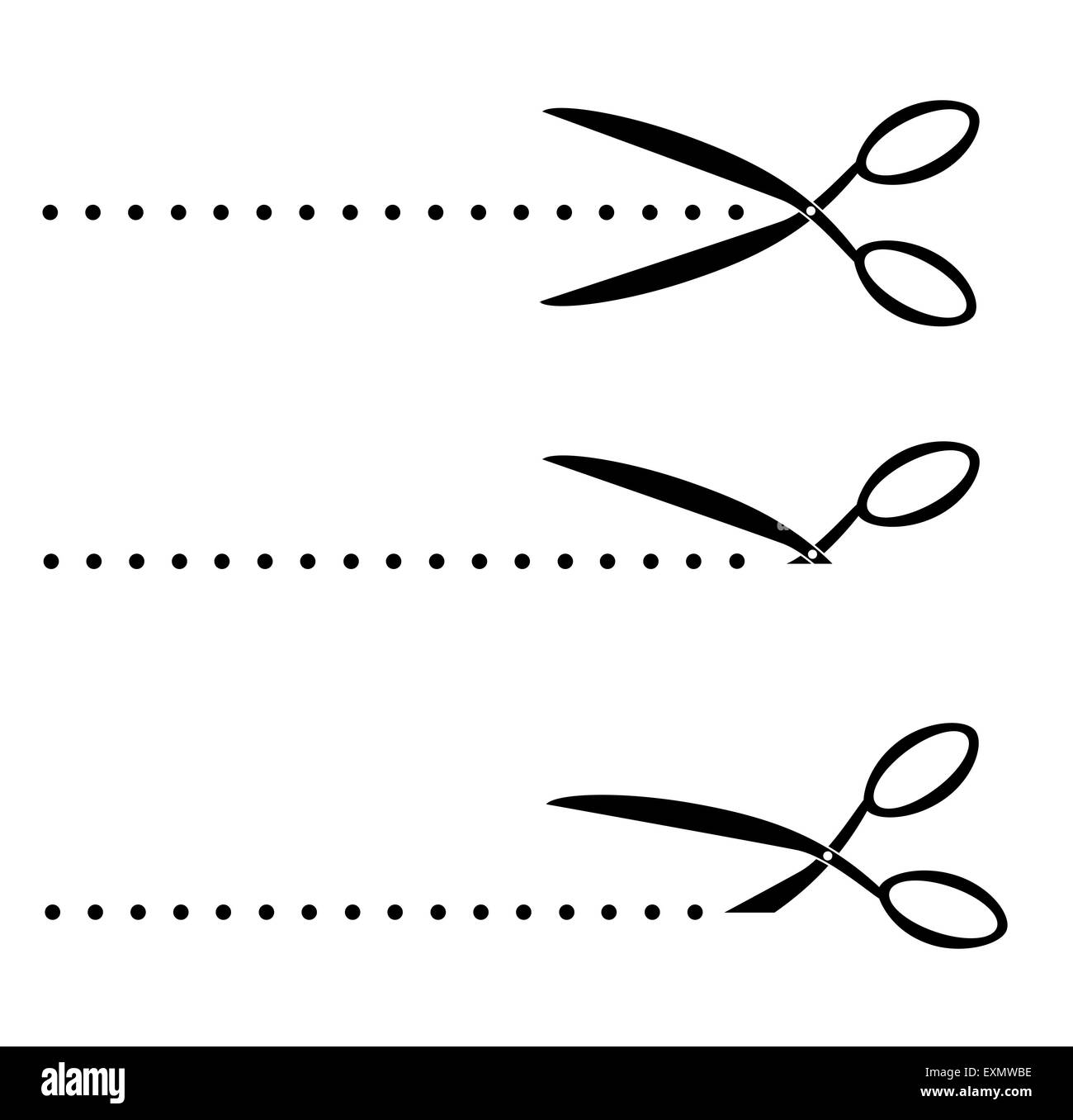 Icon Set ciseaux noir avec ligne de coupe Banque D'Images