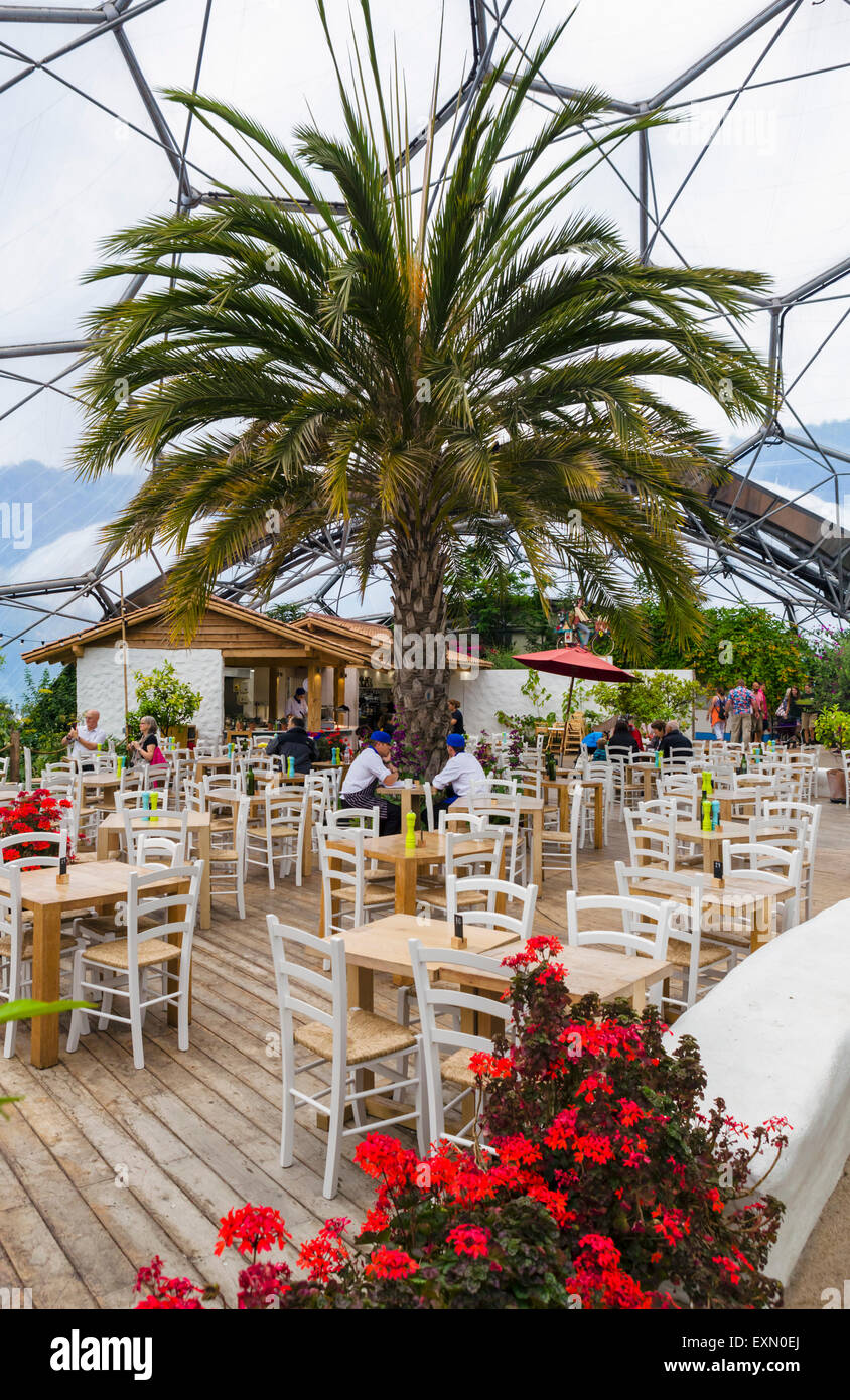 Restaurant dans le biome méditerranéen de l''Eden Project, Bodelva, près de St Austell, Cornwall, England, UK Banque D'Images