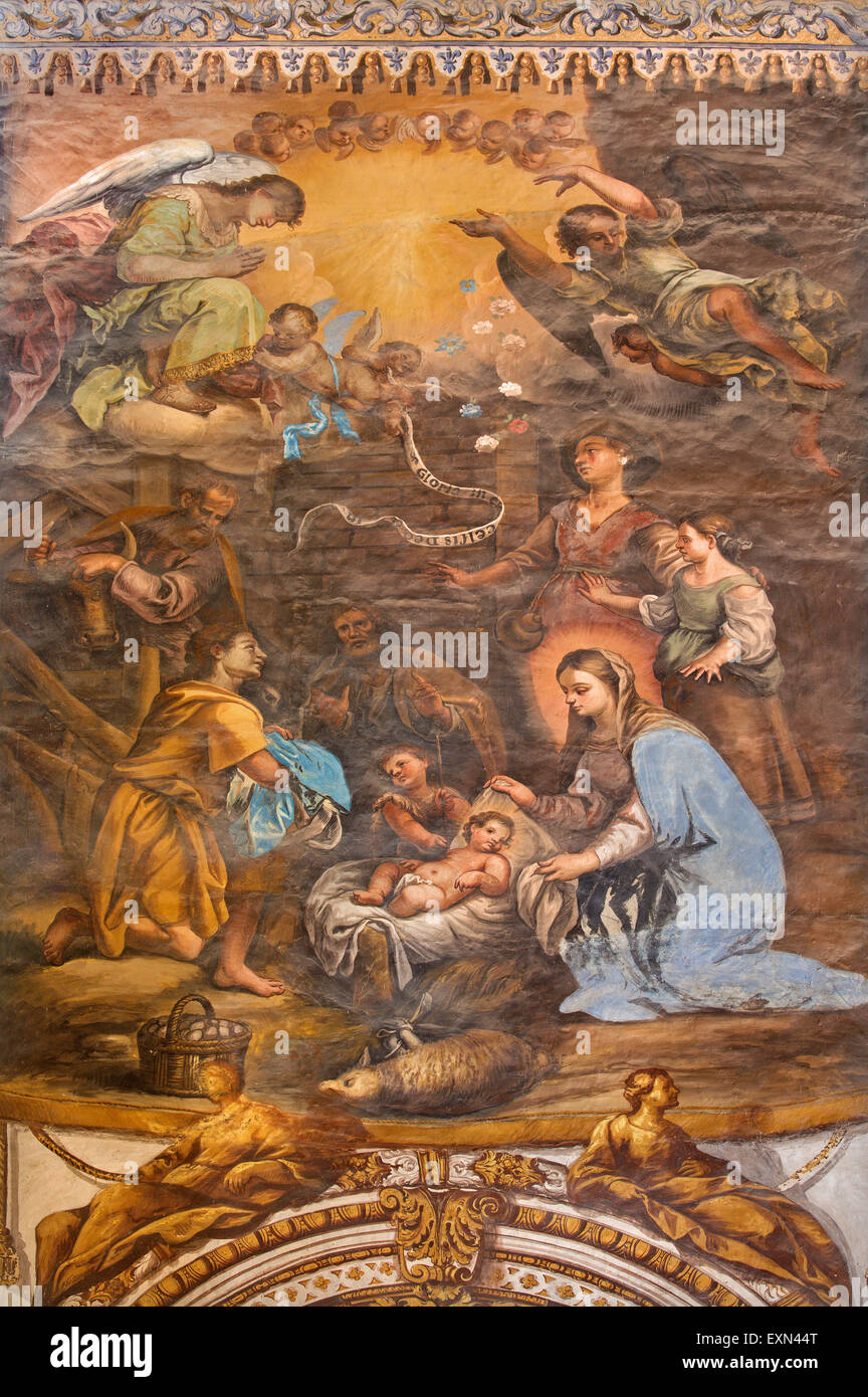 GRANADA, ESPAGNE - 29 MAI 2015 : La Nativité fresque dans l'église Monasterio de San Jeronimo par Juan de Medina à partir de 18 ans.100. Banque D'Images