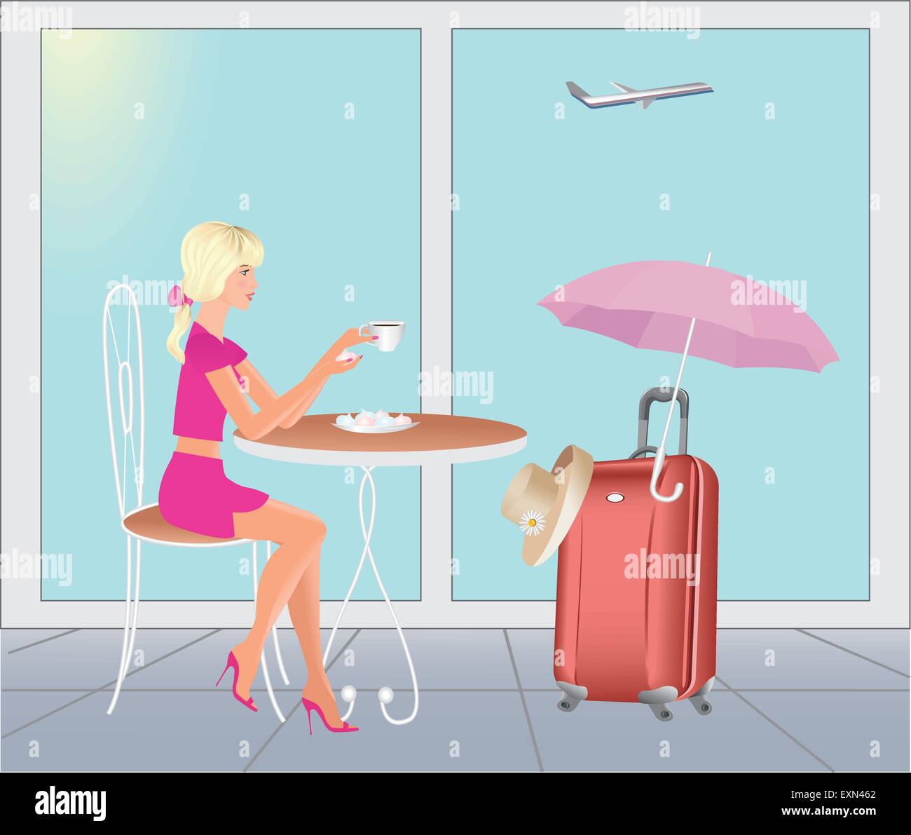 Belle fille blonde à l'aéroport dans un café avec parapluie et valise vont en vacances Illustration de Vecteur