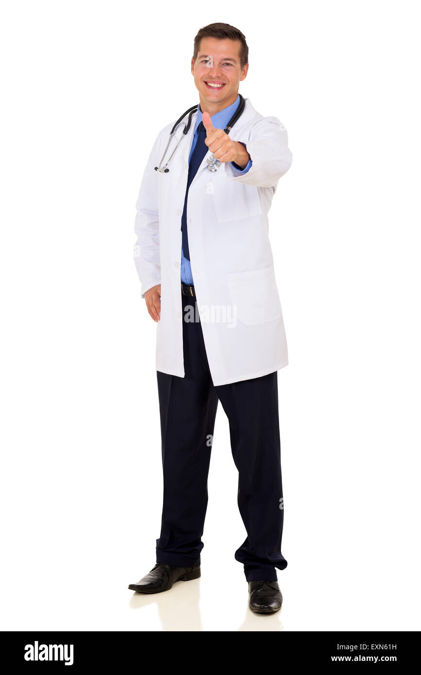 Cheerful medical doctor giving thumb up isolated on white Banque D'Images
