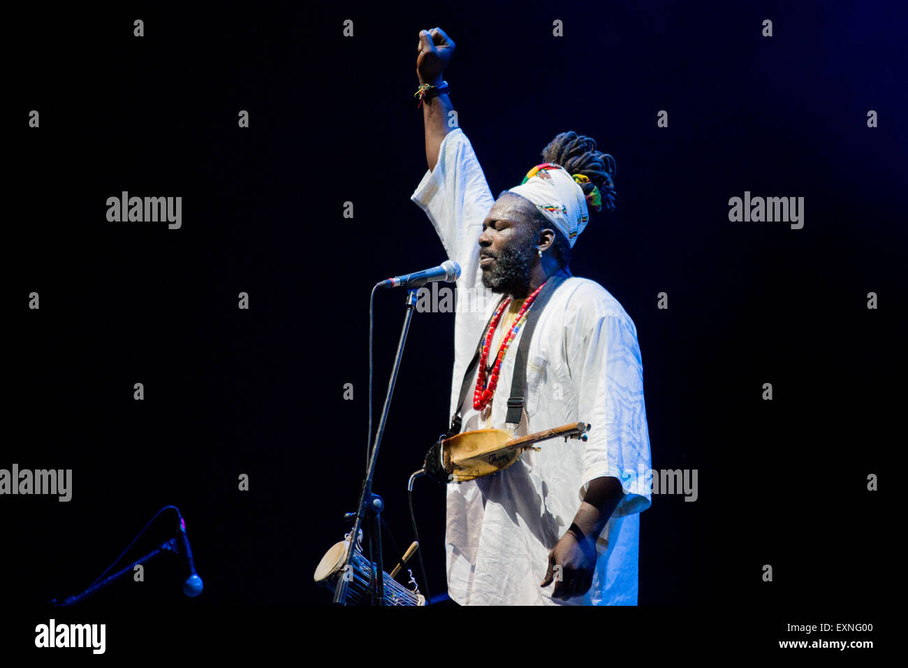 Rome, Italie. 15 juillet, 2015. Baba Sissoko, chanteur et musicien africain, chef du blues africain et ethno jazz, il se produit sur la scène de la Villa Ada. Ses sons et rythmes de la musique populaire du Mali mélangé avec des sons de jazz and blues créer un son original. © Davide Fracassi/Pacific Press/Alamy Live News Banque D'Images