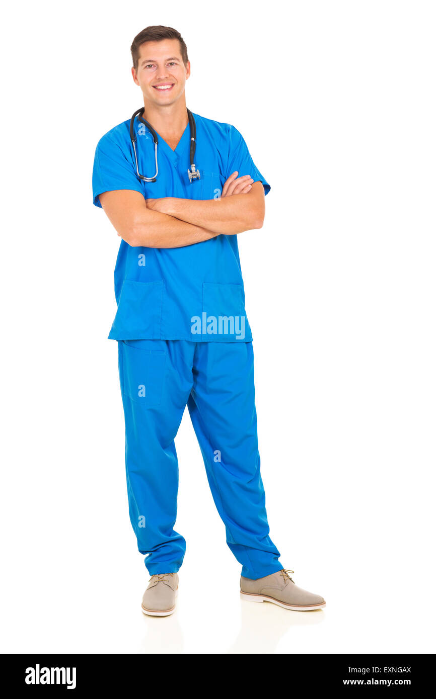 Médecin homme avec bras croisés sur fond blanc Banque D'Images