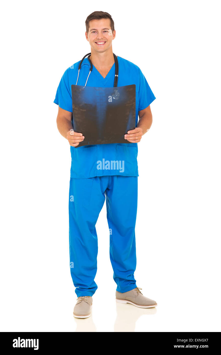 Beau mâle nurse holding patient's x-ray sur fond blanc Banque D'Images