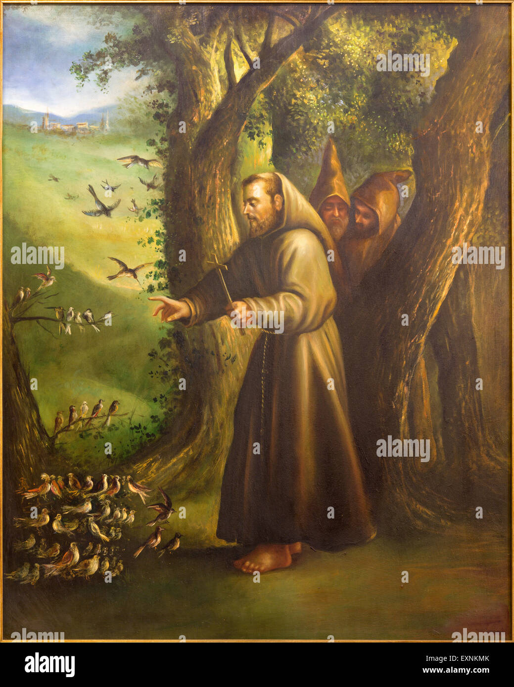 Cordoue, Espagne - 27 MAI 2015 : la peinture moderne de Saint François d'assise prêchant aux oiseaux du 20. cent. en église du couvent Banque D'Images