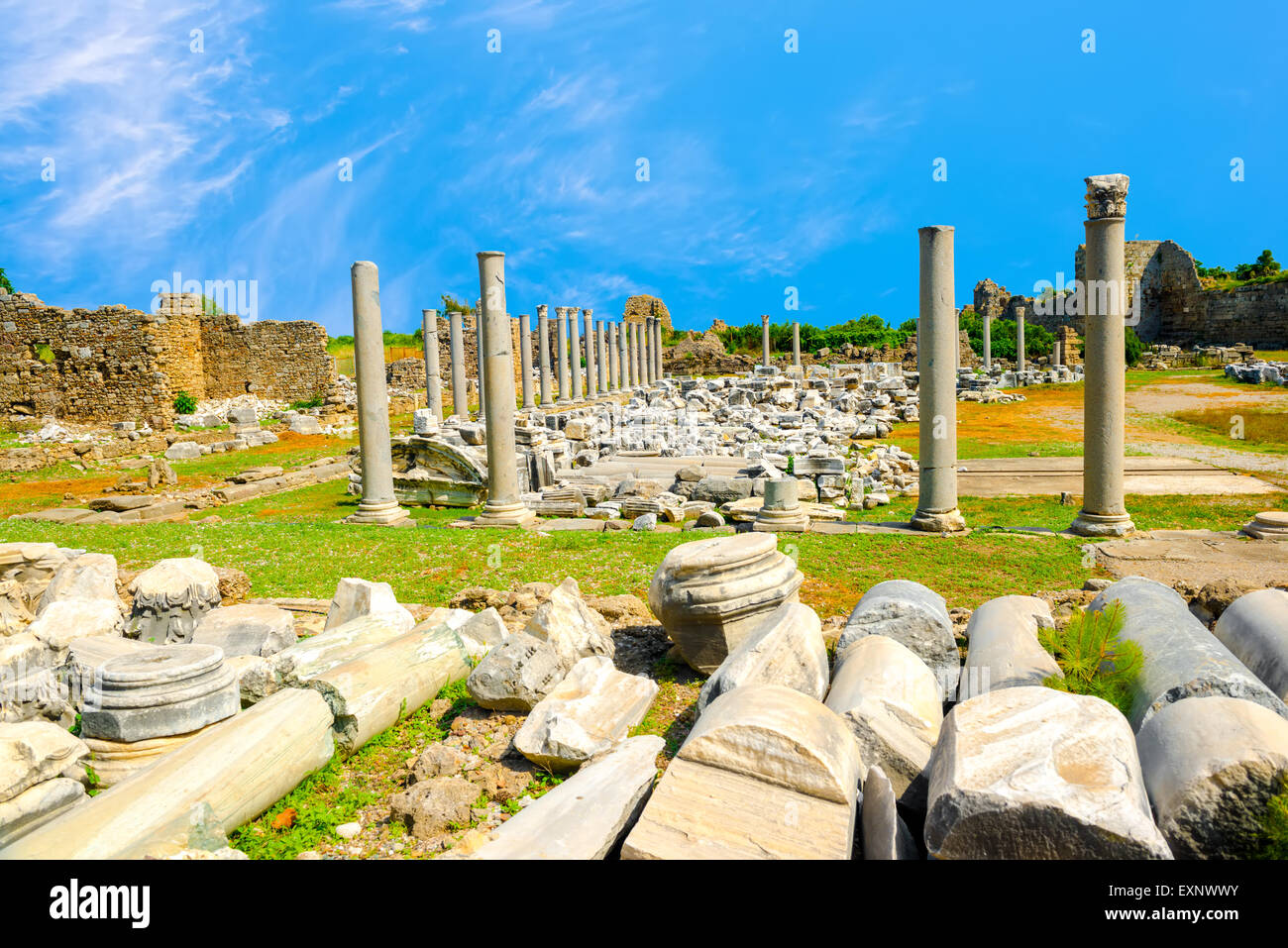 Monuments anciens Tyché temple de Empire romain, Side, Turquie , l'arrière-plan de voyage Banque D'Images