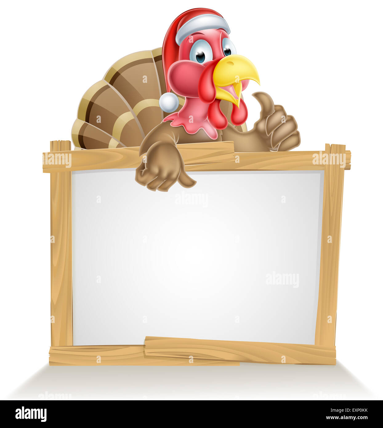 Signe de Noël avec cartoon Turquie portant un oiseau rouge Santa Claus hat Banque D'Images