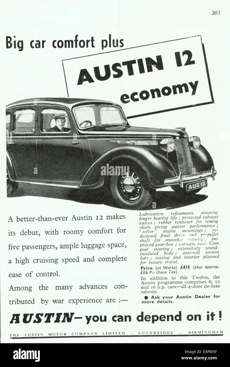 1940 UK Magazine annonce Austin Banque D'Images