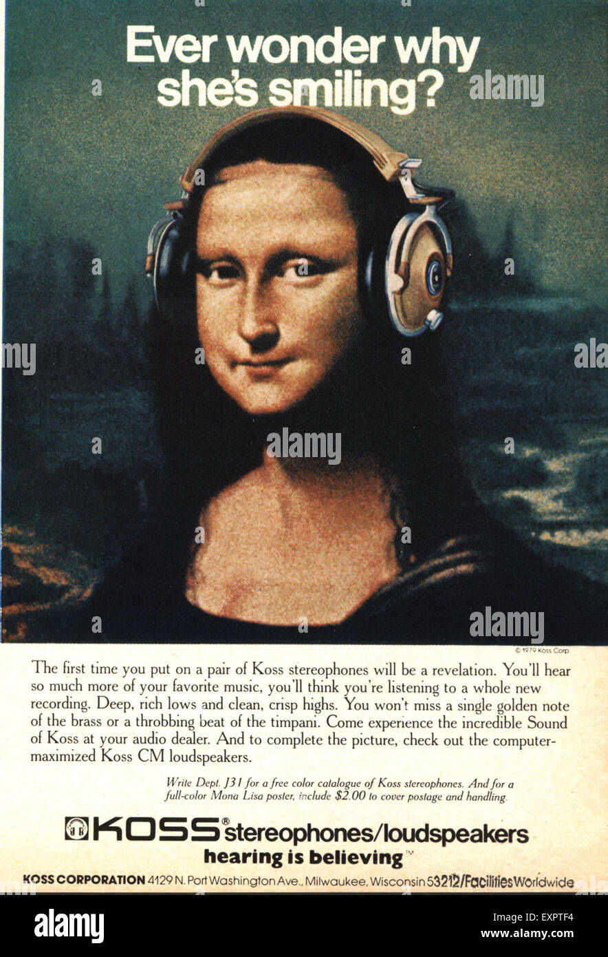 1970 USA Casque Koss annonce Magazine Mona Lisa Banque D'Images