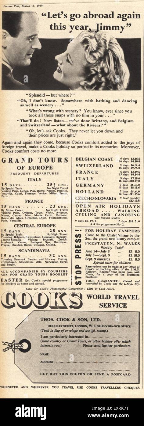 1930 Thomas Cook UK Annonce magazine Banque D'Images