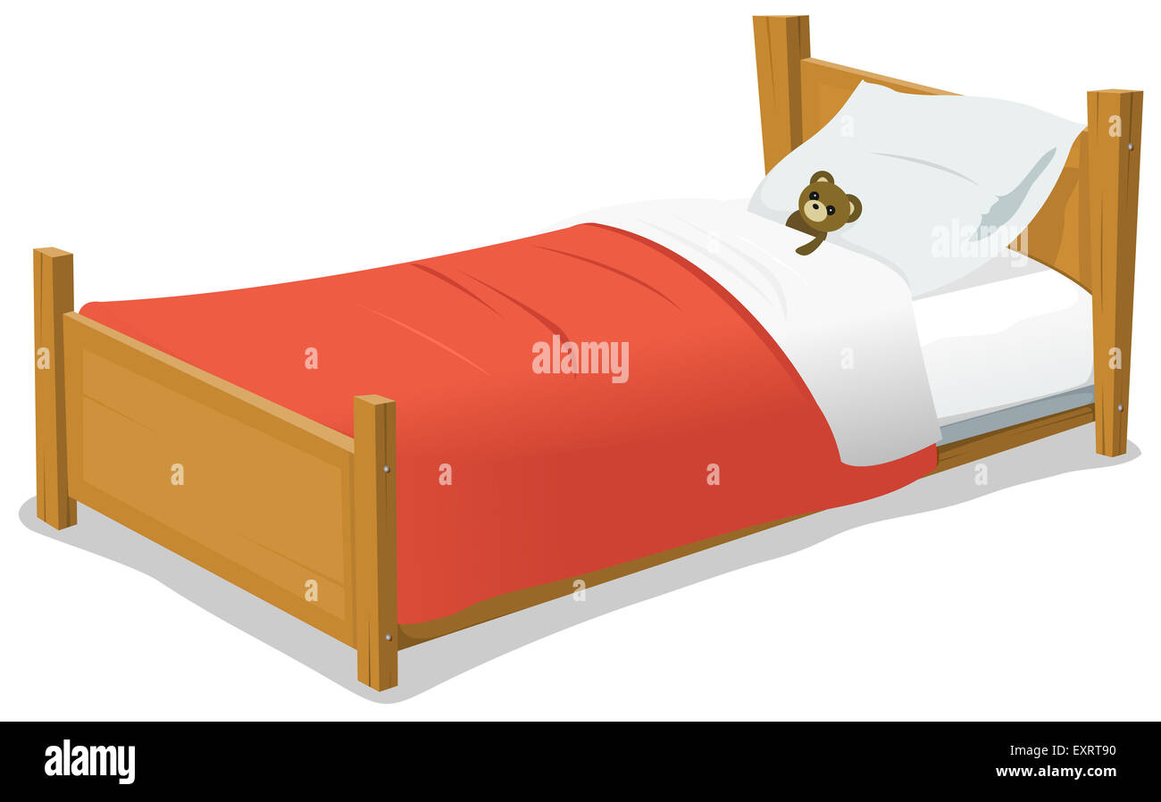 Illustration d'un dessin animé enfants en bois lit avec oreiller,  couverture rouge et l'ours en peluche à l'intérieur Photo Stock - Alamy