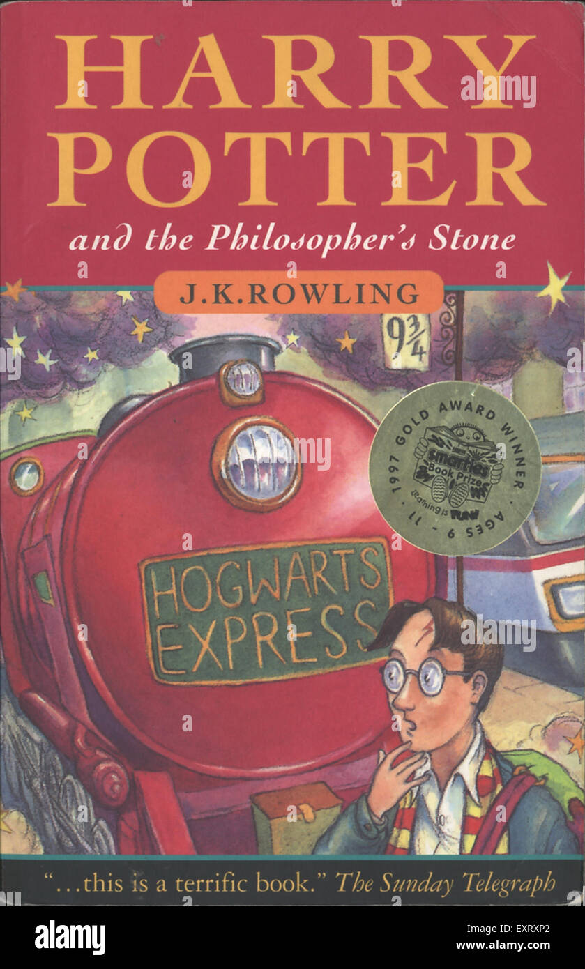 1990 UK Harry Potter et la pierre philosophale par J.K. Couverture de livre Rowling Banque D'Images