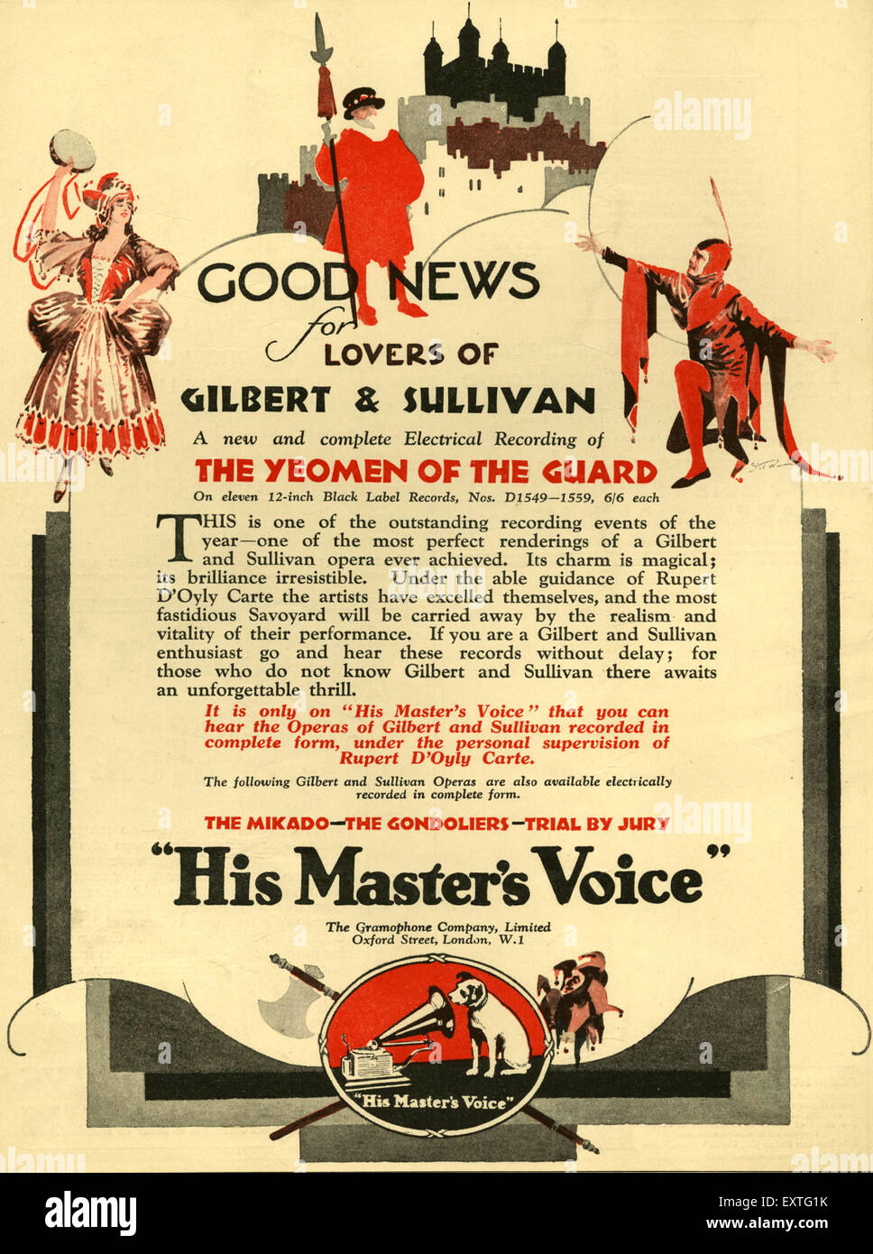 1920 Royaume-Uni HMV, Gilbert et Sullivan annonce Magazine Banque D'Images
