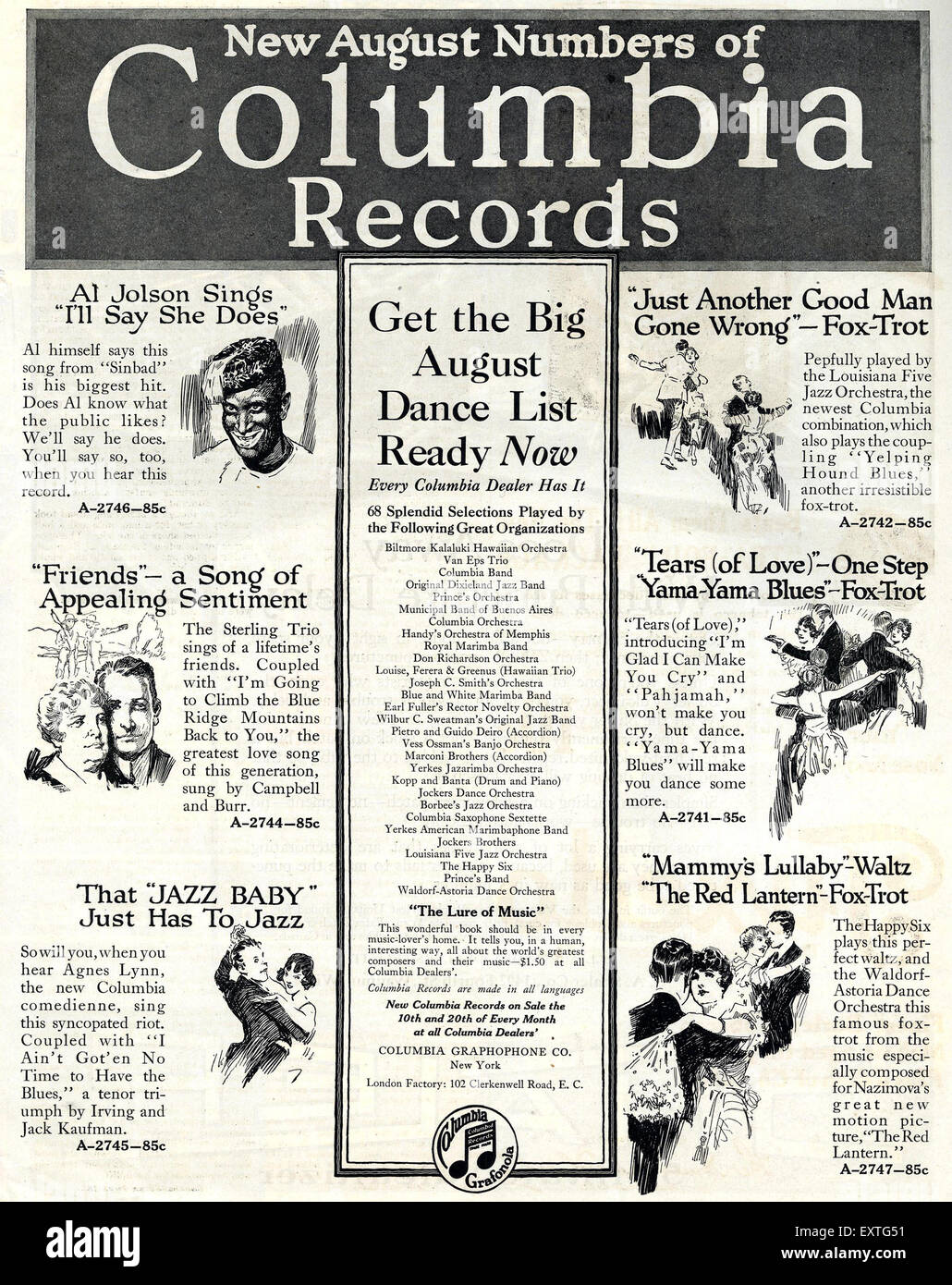 1910 USA Columbia Records annonce Magazine Banque D'Images