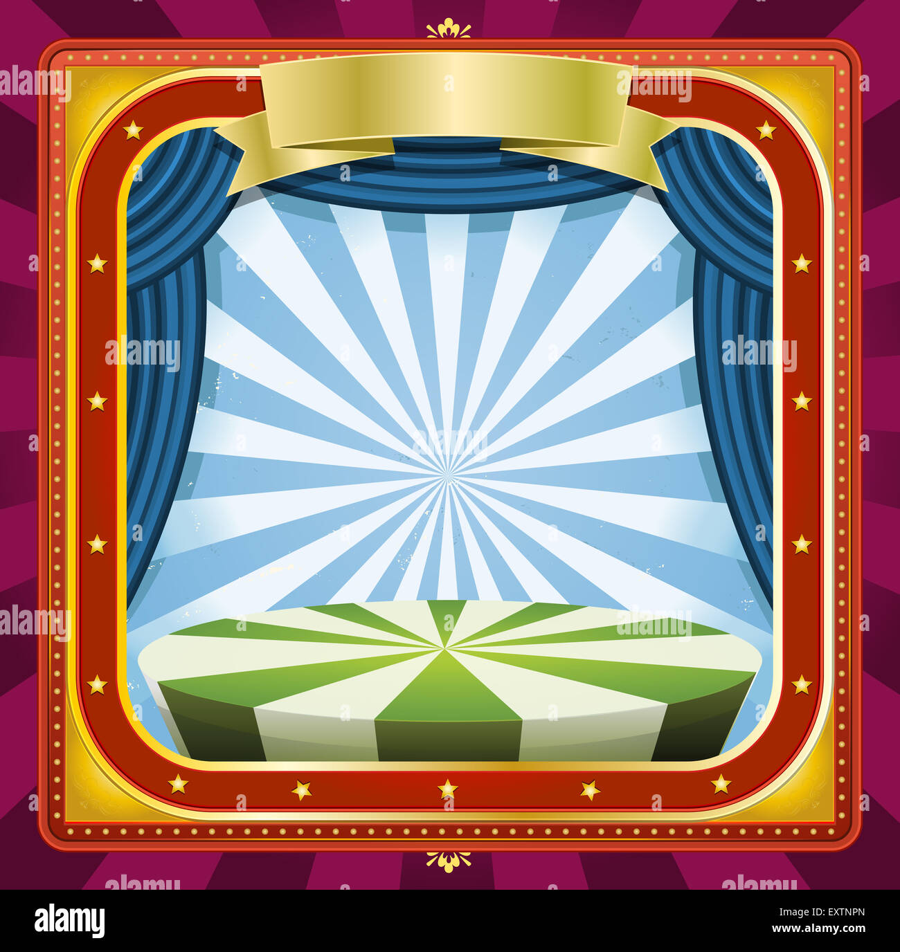 Illustration d'un carré d'arrière-plan de cirque vacances poster avec des bannières, des rideaux bleu et or ornements pour les événements des arts Banque D'Images
