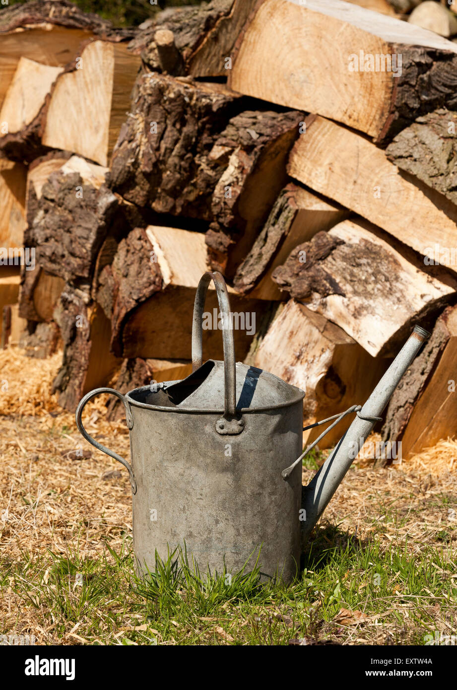Un arrosoir en métal à côté d'une pile de grumes, haché Banque D'Images