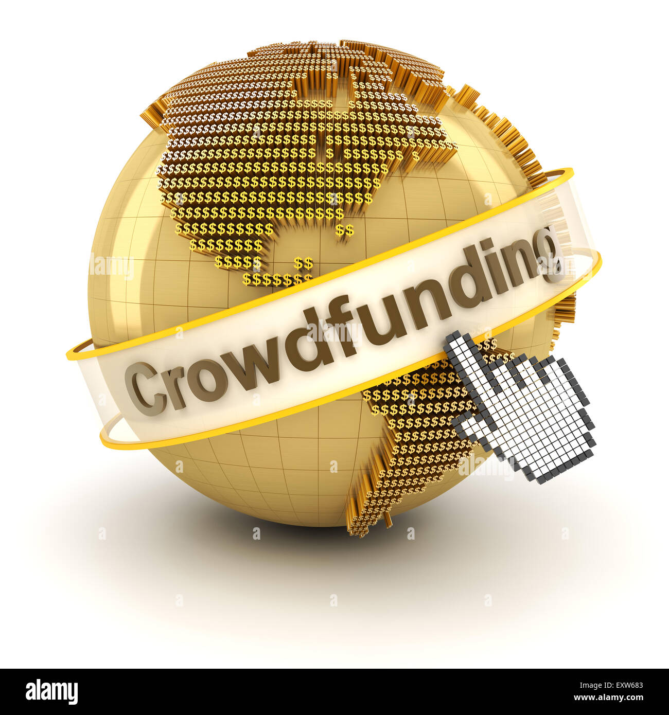 Crowdfunding symbole avec globe formé par des signes dollar, 3D render Banque D'Images