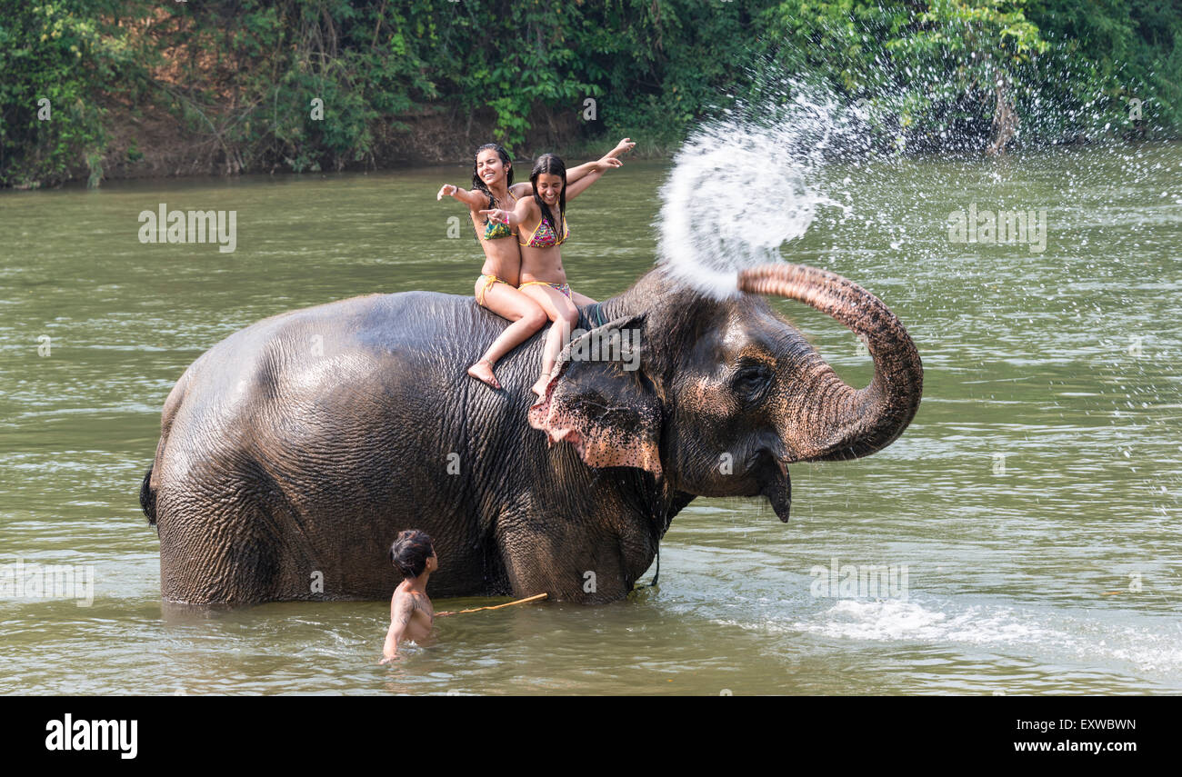 La pulvérisation d'éléphants deux touristes avec de l'eau, la province de Kanchanaburi, Thaïlande centrale, Thaïlande Banque D'Images