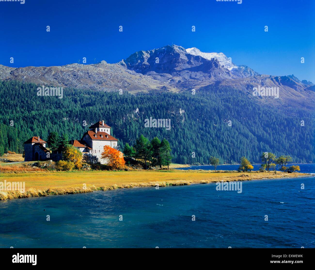 Château Crap da Sass avec Piz Corvatsch, Oberengadin, Suisse Banque D'Images