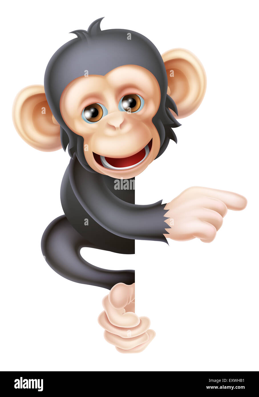 Cartoon singe chimpanzé comme le caractère mascot peeking autour d'un signe et pointant sur elle Banque D'Images