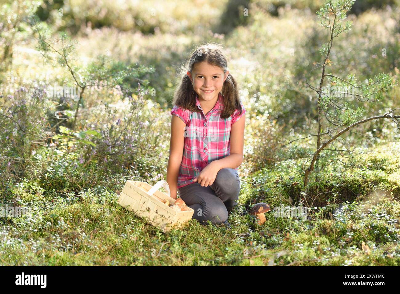 Girl la collecte de champignons dans une forêt de pins Banque D'Images