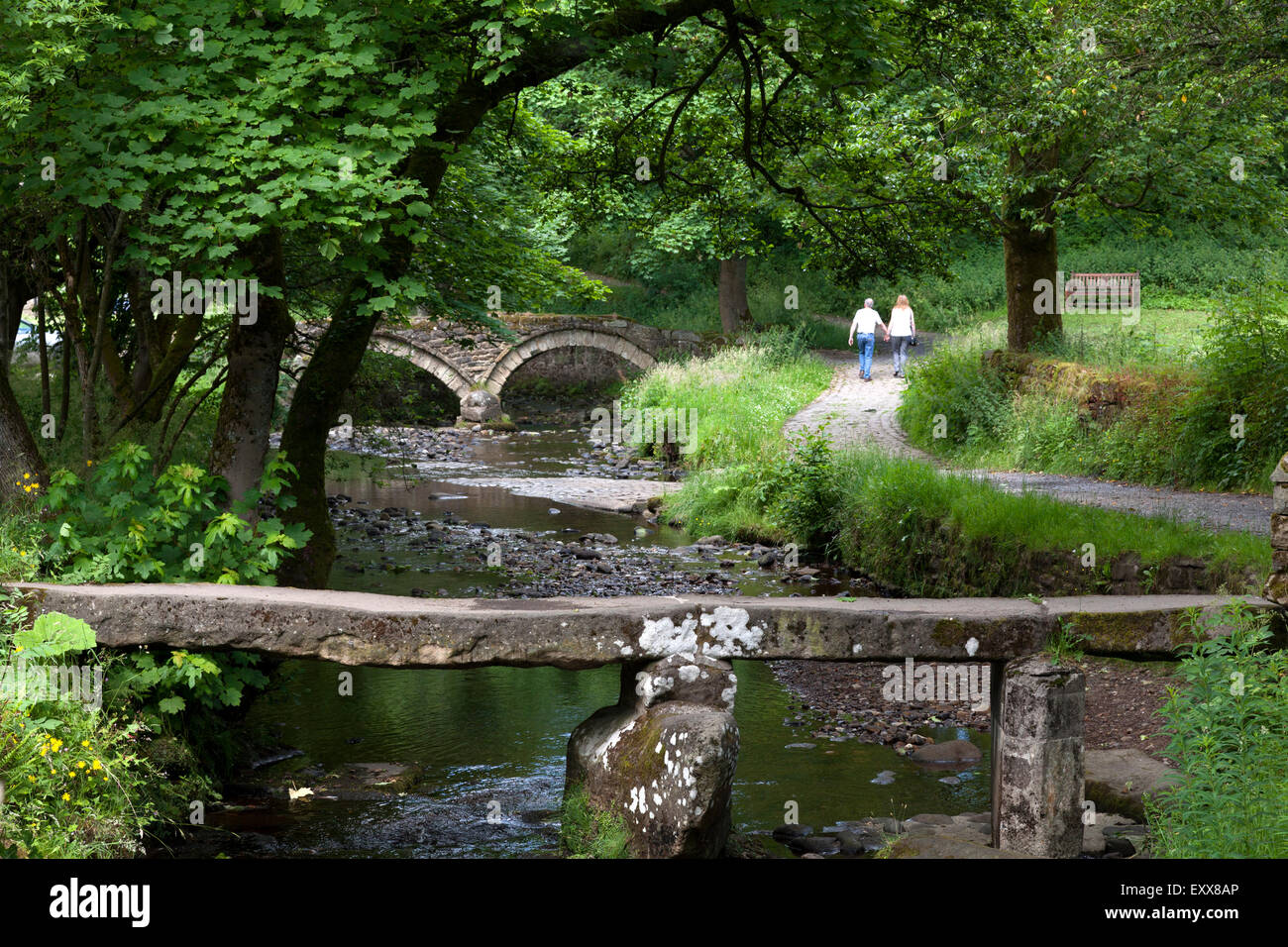 Clapper bridge et bridge crossing packhorse Wycoller Beck, Breistroff-la-Grande, Lancashire Banque D'Images