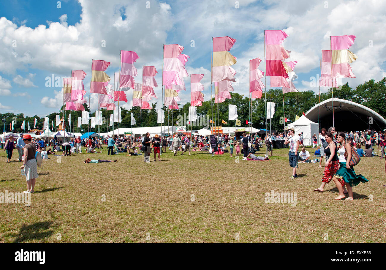 Les familles et les stands de nourriture et colouful drapeaux festival dans la foule à la world music festival WOMAD Banque D'Images