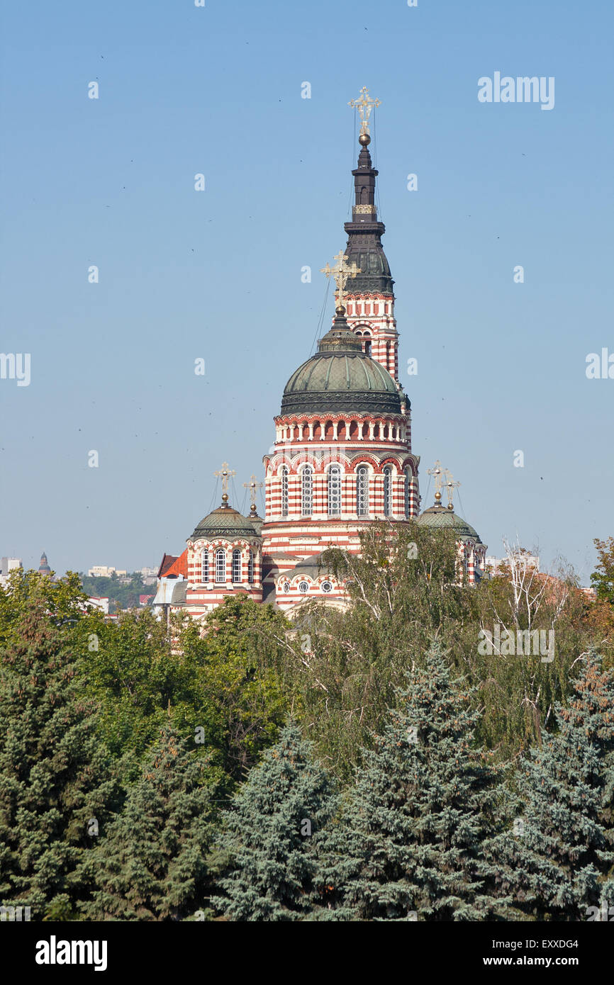 La Cathédrale de l'annonciation contre ciel clair avec hirondelles dans Kharkiv, Ukraine Banque D'Images