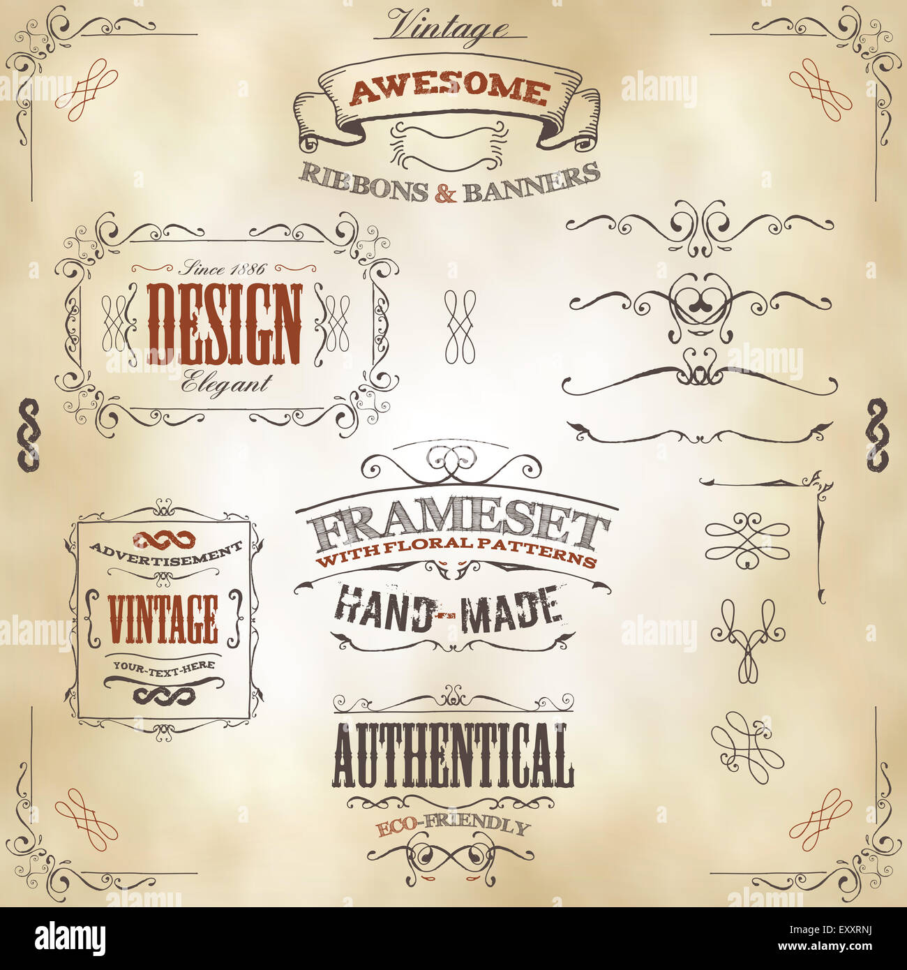 Illustration d'un ensemble de cadres dessinés à la main, a tracé des bannières, des motifs floraux, des rubans, des éléments de conception graphique et vintage sur l Banque D'Images