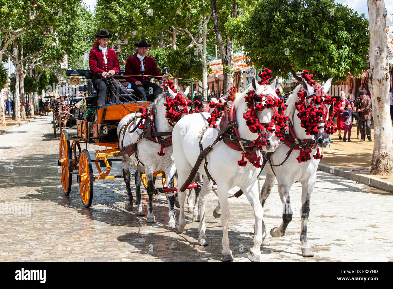 De chariot tiré par des chevaux/panier/transport à Séville, Andalousie, Espagne, Europe. Avril au festival Feria. © Paul Quayle Banque D'Images