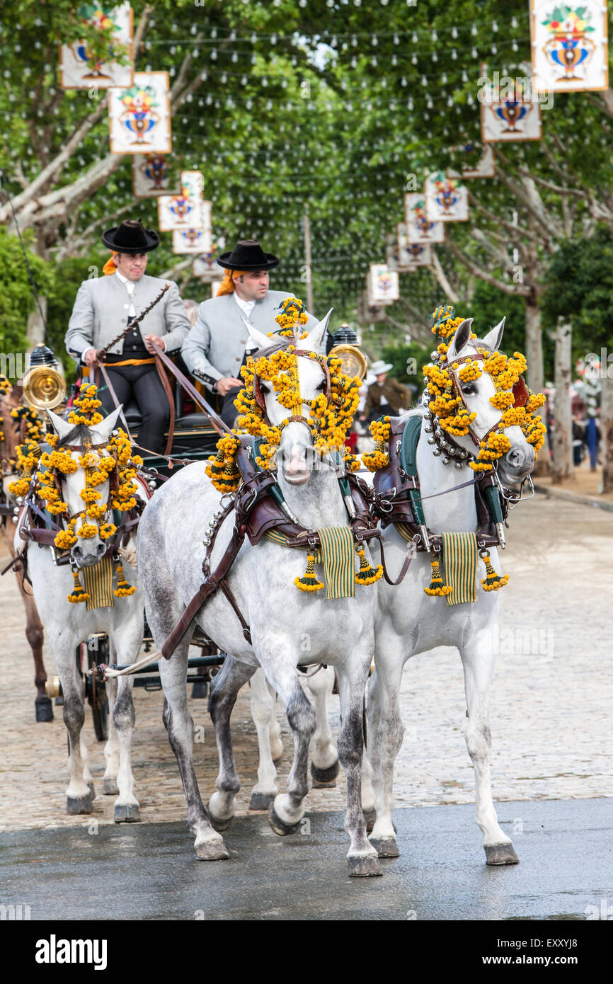 De chariot tiré par des chevaux/panier/transport à Séville, Andalousie, Espagne, Europe. Avril au festival Feria. © Paul Quayle Banque D'Images