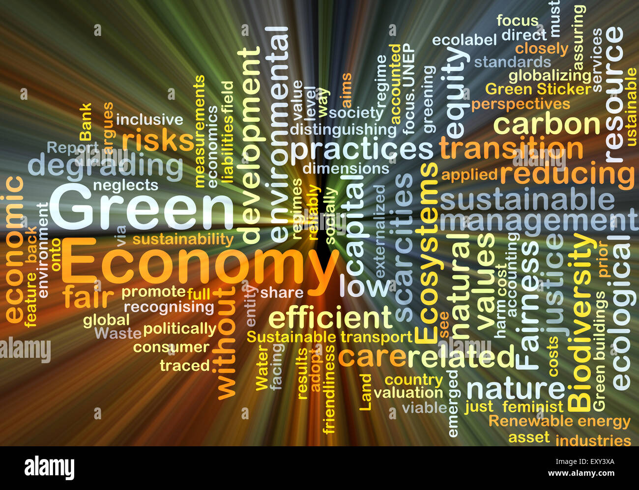 Concept d'arrière-plan wordcloud illustration de l'économie verte lumière rougeoyante Banque D'Images