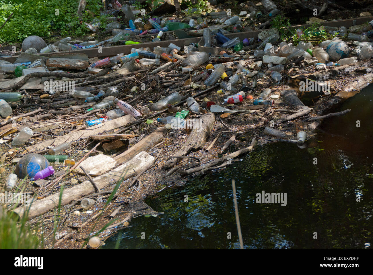 Déchets en plastique dans la rivière Aire Banque D'Images