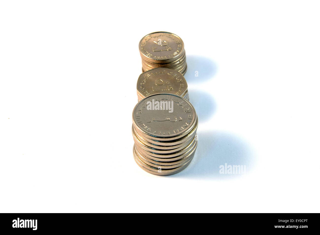 Close up de divers billets et pièces de monnaie Emirats Arabes Unis avec la calculatrice Banque D'Images