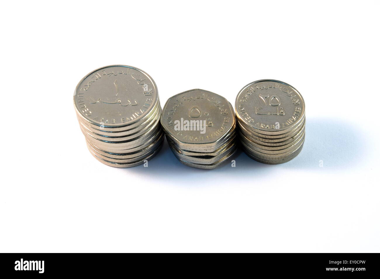 Close up de divers billets et pièces de monnaie Emirats Arabes Unis avec la calculatrice Banque D'Images