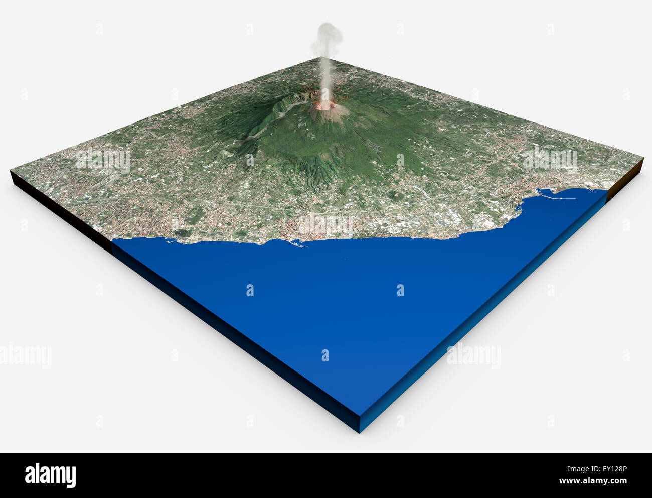 Vue satellite de volcan Vésuve avec particules de flamme dans le golfe de Naples, Italie sur fond blanc Banque D'Images